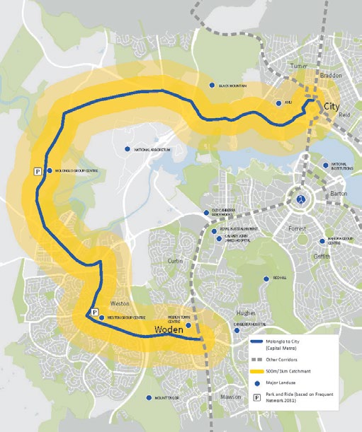 Civic - Molonglo - Weston Creek - Woden route shown in the ACT Governments Light Rail Master Plan from 2016