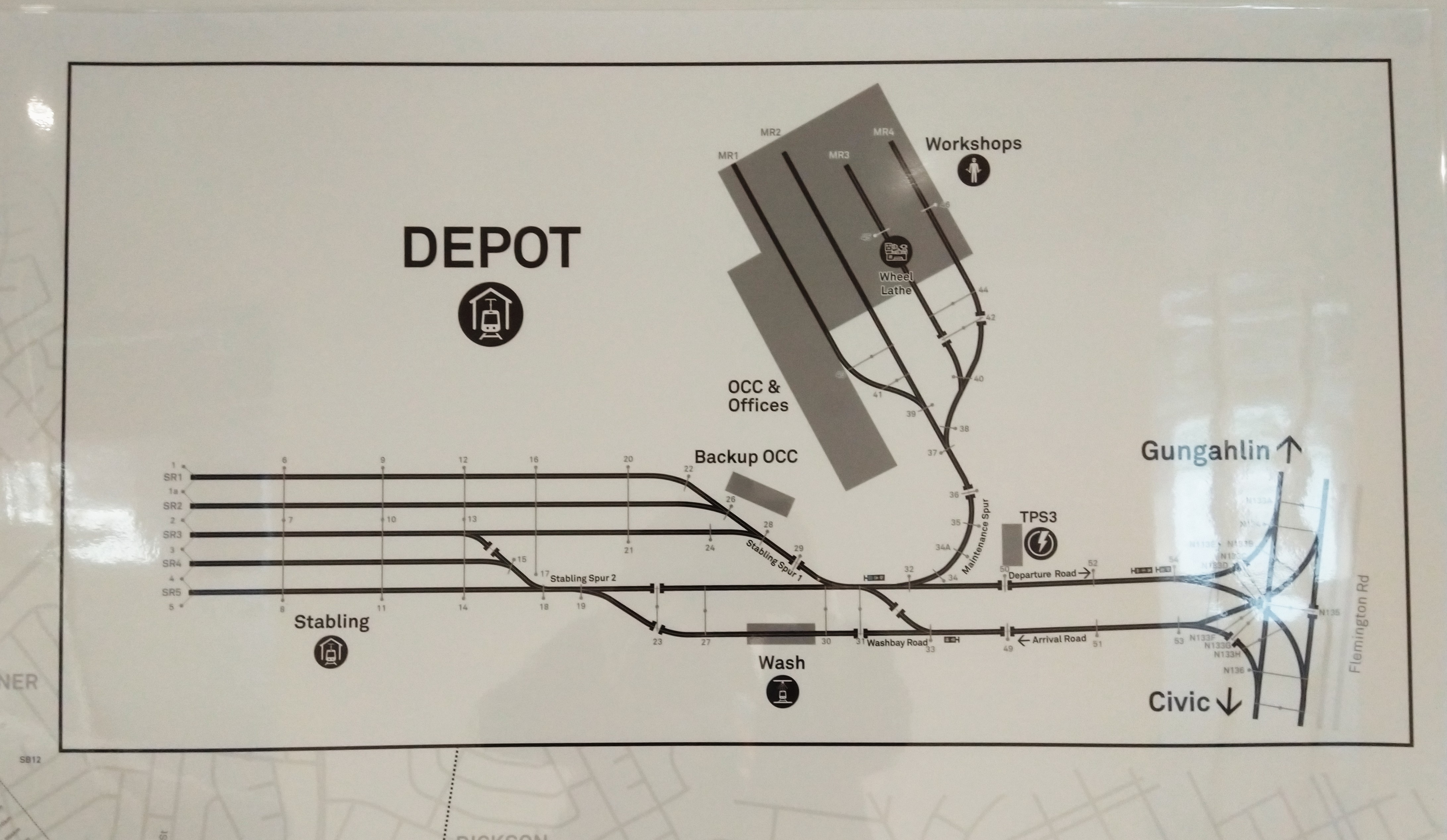 A map of the track inside the Mitchell LRV Depot showing the exit onto Flemington Rd